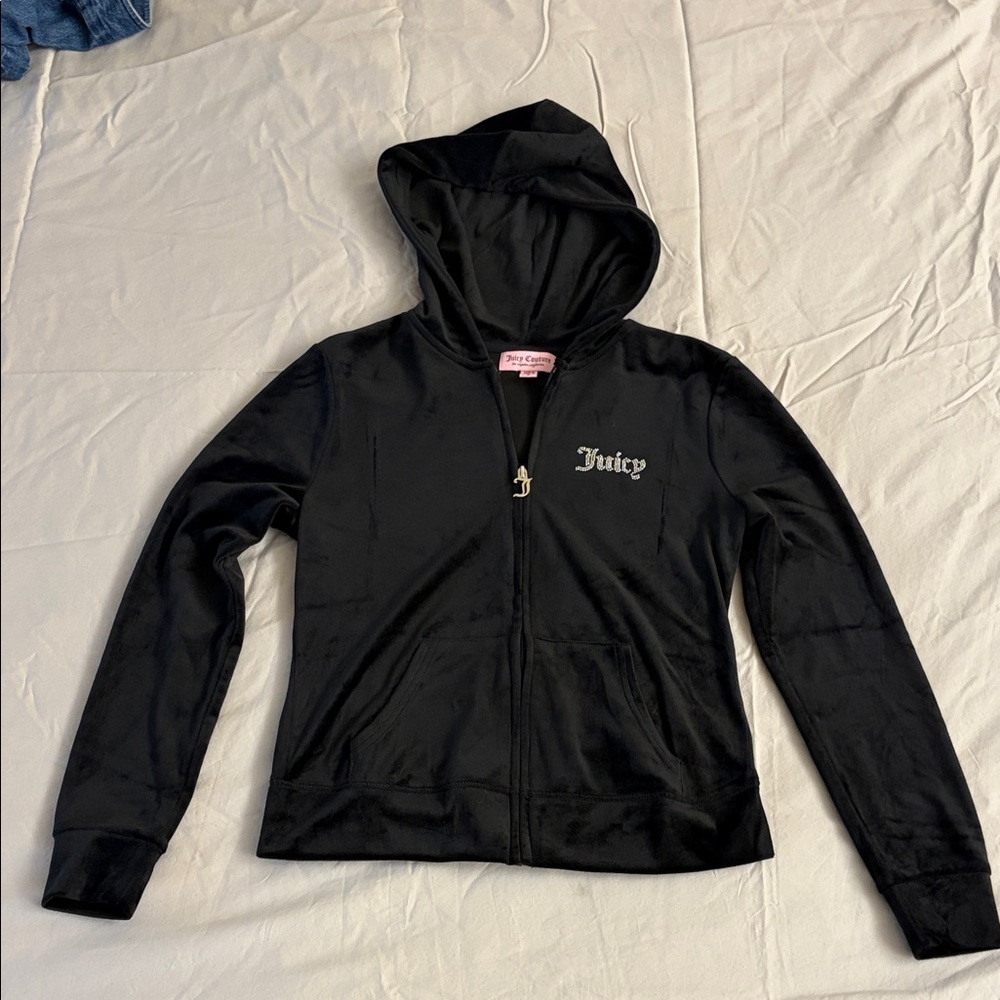 Juicy Couture Black Velour Zip Up Hoodie Small | Rhinestone Logo